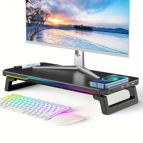 RGB Monitor Stand RGB Aluminum Monitor Stand with 3 USB Ports | Sleek Desktop Organizer for PC & Laptops up to 19.6 Inches, USB-Powered, Minimalist Design, Integrated USB Hub