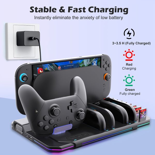Controller Charging Dock with Cooling Station Compatible with Switch 2, Charger Base for 4 Joy-Con Controllers and 1 Pro Controller, 9 RGB Light Modes, 10 Game Card Slots