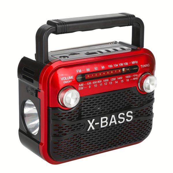 X-BASS Portable FM Radio with Flashlight - 800mAh Rechargeable Battery, Multi-Band (FMu002FAMu002FSW1-6), USBu002FTFu002FBT Playback, 2-4H Playtime, Red & Black, Ideal for Indoor & Outdoor Use, Radio Portable Rechargeable