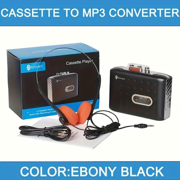Portable Cassette Player Portable TON771 Model Black Cassette Player with Orange Over-Ear Headphones | MP3 Converter, Built-In Headphone Jack, Stable Sound Quality, Suitable for Retro Music Lovers and Outdoor Activities