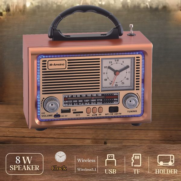 Vintage-Style Portable Radio with Wireless, USB Playback, LED Lights & Wooden-Look Design - AMu002FFMu002FSW Tuner, TF Card Slots, Rechargeable Battery, Deep Brownu002FYellow, Compact & Lightweight for Indooru002FOutdoor Use