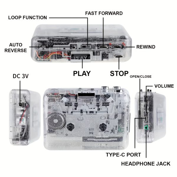 Fully Transparent Cassette Player: Shiny Shell, 360-Degree Full-Transparency, Tape-to-MP3 Converter with Free CD-ROM Recording Software and Starlight Crystal Clear Case, Tape Player, Audio Converter, Sleek Casing, Modern Retro, Durable Shell, Audio Device, Digital Recorder, Music Enthusiasts, Retro Collectors