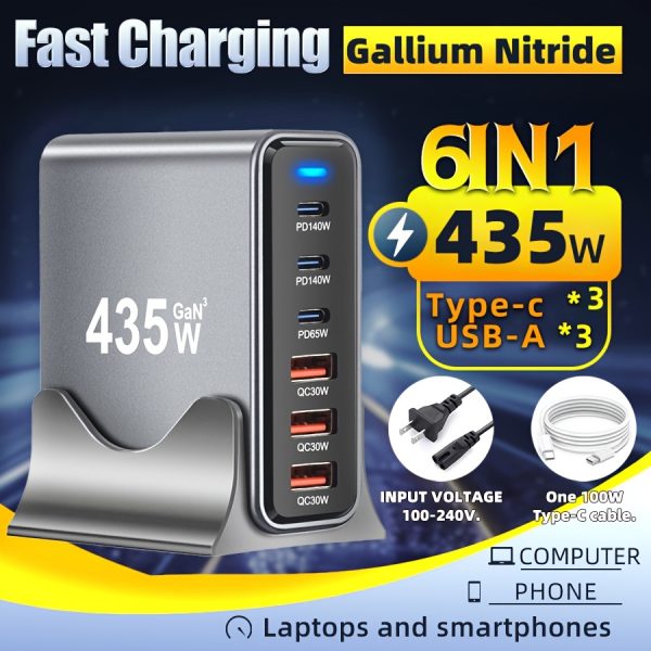 New 435W Charging Station with 59.06inch US Plug Power Cord, GAN Support for MacBook ProM4 MAX140W Charging, Multifunctional Desktop Charger with 6 Ports High Power Charger 3Type-C+3USB-A Black Exquisite Portable Suitable for Travelu002FHomeu002FOffice and More Media-Friendly Fast Charging for Phonesu002FWatchesu002FComputersu002FHeadphonesu002FMultiple Devices 2 Data Transfer Modes