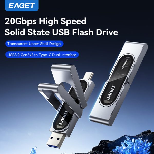 1pc EAGET 512Gu002F1000G Next-Gen 20Gbps SSD USB Flash Drive (USB 3.2 Gen2x2 & Type-C) Transparent Housing Design Combines Blazing Speed with Unmatched Style for Tech Enthusiasts
