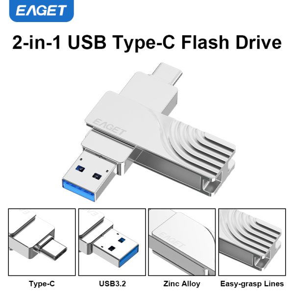 EAGET 512GB USB-C Flash Drive - Dual USB-C & USB-A, 100MBu002Fs Read Speed, Metal USB Pendrive for iPhone 15u002F16, Android Phoneu002FTablet, Macu002FComputer, Car, TV