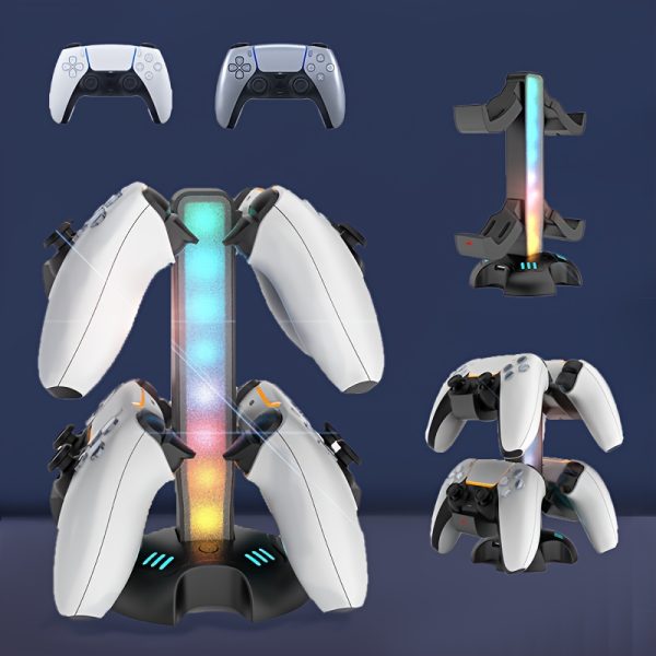 4in 1 Controller Charging Stand Compatible with PS5, RGB Controller Charger with Indicator for PS5, Multi-function Gaming Headphone and VR Storage Stand with USB C Port (Charging Bracket * 2, Hanging Bracket * 2)