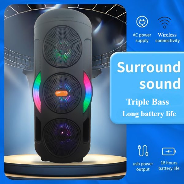 Portable Wireless Speaker with Triple 6.5-Inch Subwoofer, Wireless Outdoor Speaker with Wired Microphone, Loud Stereo Sound, High Volume Large Speaker, Supports FM Radio, LED Colorful Lights, Can Connect Mobile Phoneu002FTabletu002FLaptopu002FTVu002FCar Audio Syste