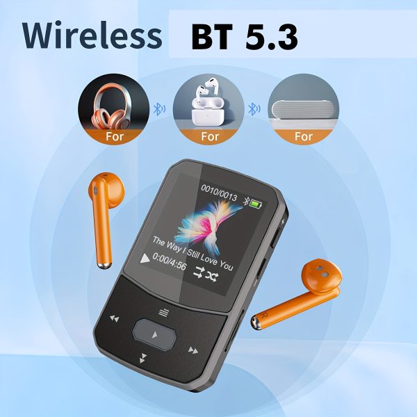 64GB Wireless 5.3 MP3 Player, Kids' Sport Clip Mini Design with HiFi Music, 1.5?? TFT Display, Volume Control, FM Radio, Pedometer & Earphones Included, Expandable up to 128GB MIC SDu002FTF Card