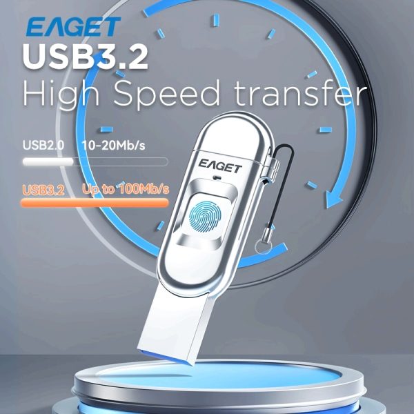 EAGET 32GB USB 3.2 Flash Drive with Fingerprint Security & AES-256 Encryption, 120MBu002Fs High-Speed, Dual USB-A + Type-C Ports, Public & Secure Storage for PC Laptop Smartphone Tablet