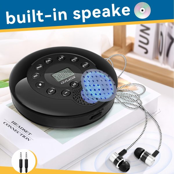 Portable CD Player Rechargeable Portable CD Player with Anti-Skip Protection | Dual Stereo Speakers, Headphones, AUX Cable, Black Round Design, Digital Display and Controls, for Car
