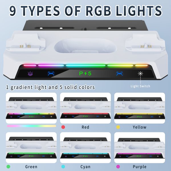 for PS5u002FPS5 prou002FPS5 slim Main Console Dual Controller Charger Wall-mount Kit, with RGB Light Strip Metal Wall-mounted Bracket, Dual Controller Charging Dock, Compatible with Disc Editionu002FDigital Edition, LED Charging Indicator, including Headphone Holder