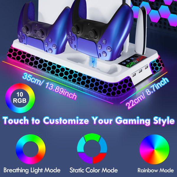 RGB Cooling Station for PS5u002FSlimu002FPro - 3-Level Adjustable Fan, Dual Controller Charger with 3 USB Hubs & Headset Holder, Overcharge Protection, 2-Hour Fast Charging, Compatible with PlayStation 5, Gaming Accessory, Modern Gaming Setup, Durable Construction